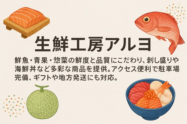Fresh fish, vegetables, and prepared foods at Seisen Kobo Aruyo, a market in Ishikari offering high-quality sashimi platters, seafood bowls, and gift sets with nationwide shipping