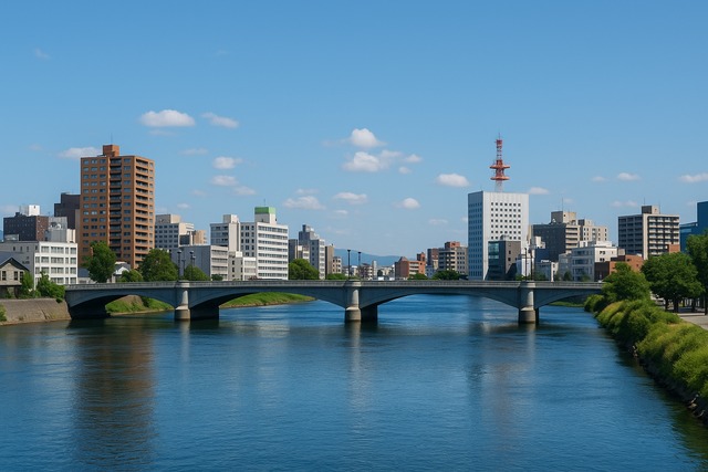city-river-bridge-skyline-blue-sky-japan