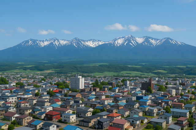townscape-with-snowcapped-mountains-blue-sky-hokkaido-japan