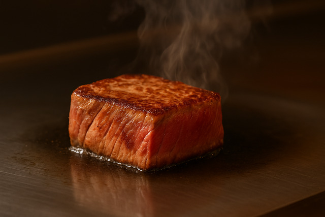 wagyu-steak-searing-on-teppanyaki-grill-steam-rising
